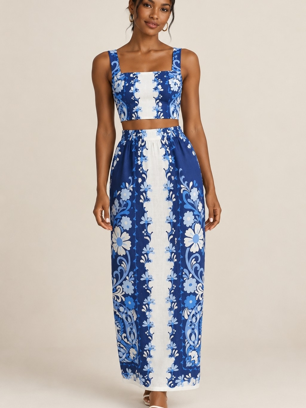 Rose + Olive Resort 2 Piece Crop Top Maxi Skirt Set Blue Floral Size S NWOT